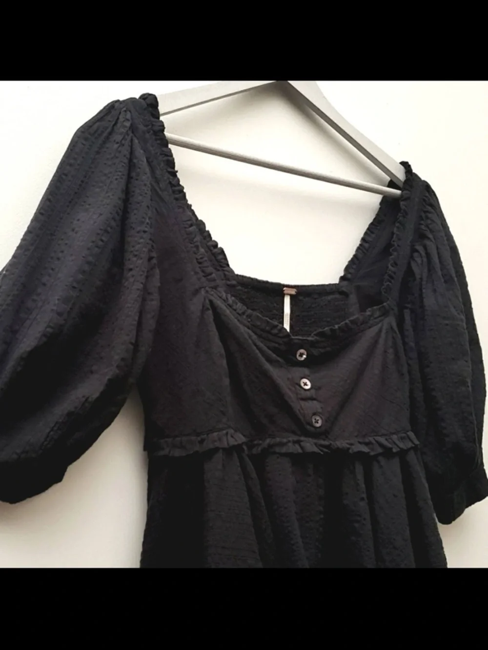 Free People Black Peplum Puff-Sleeve Button-Front Top